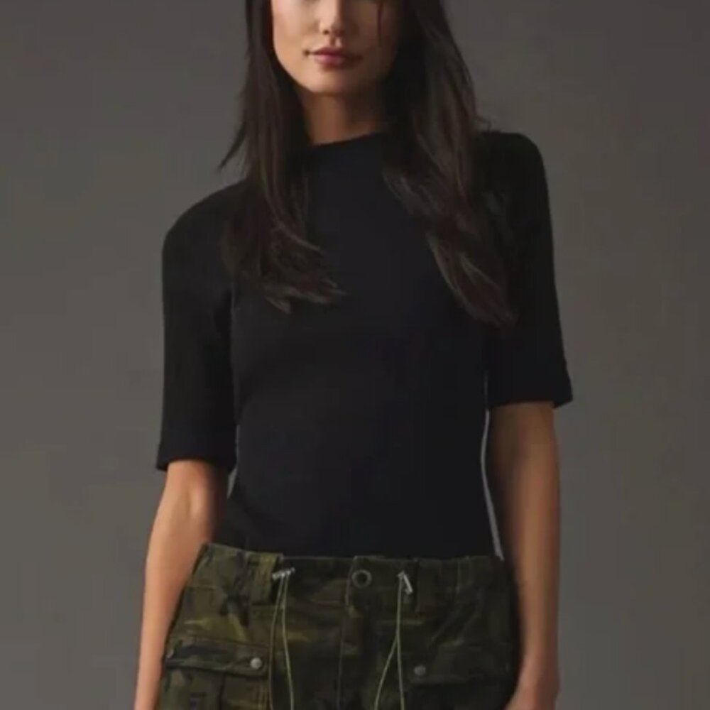 Maeve By Anthropologie Ribbed Black Mock Neck Shirt, Elbow Length, Size S